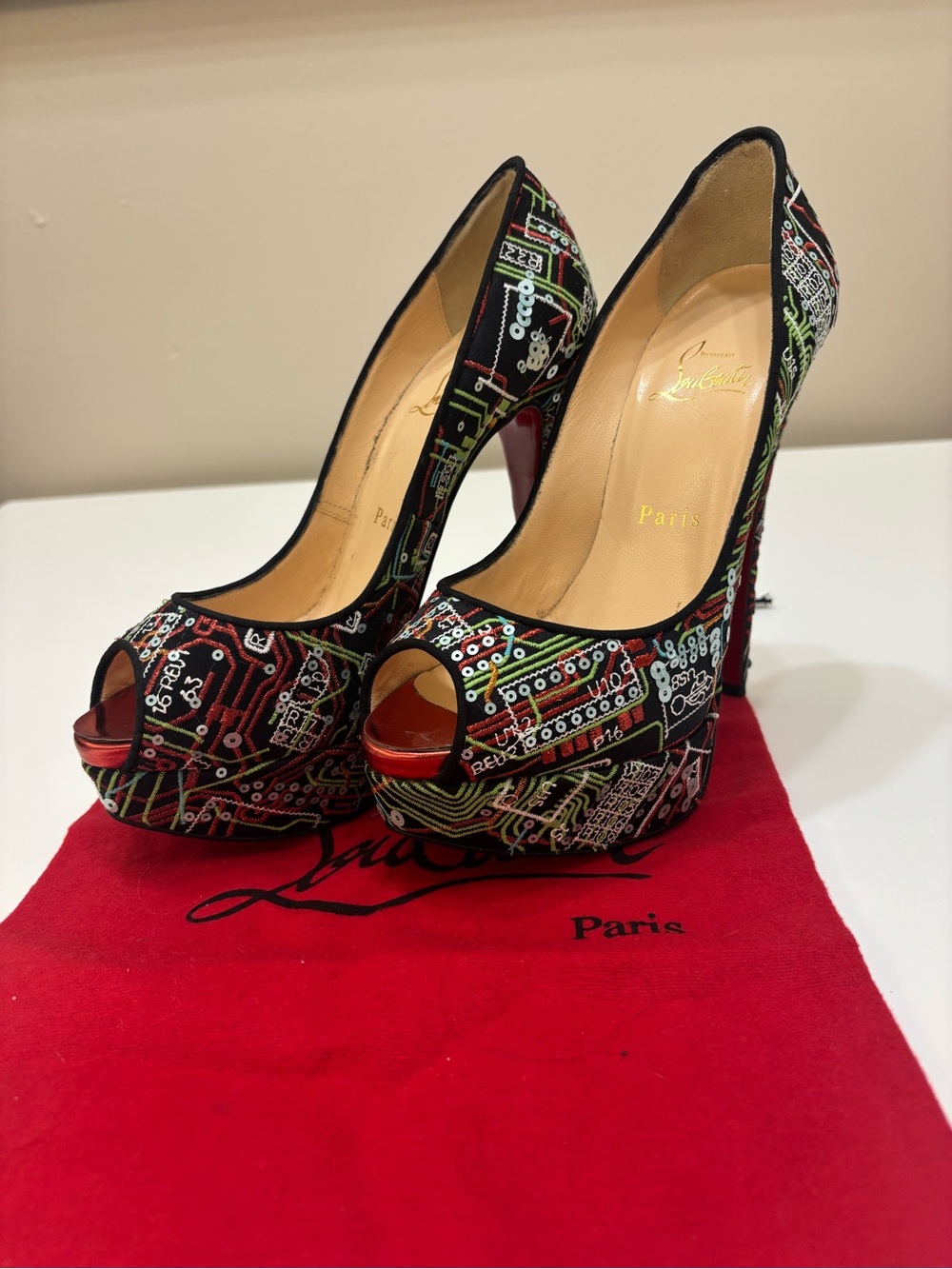 Christian Louboutin Black Multicolor Circuit-Print Peep-Toe Pumps